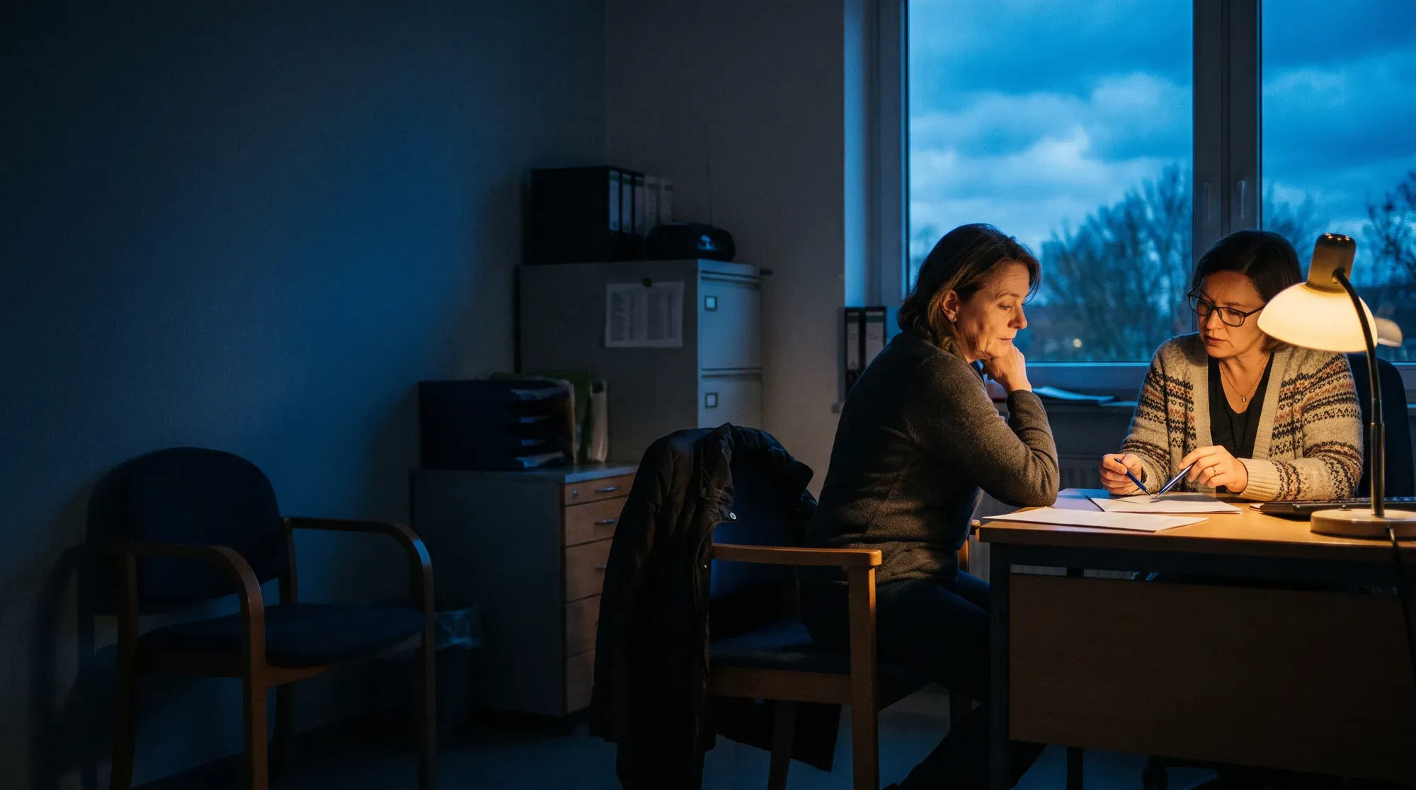 Entlassmanagement im Krankenhaus: Eine Tochter bespricht mit dem Sozialdienst, wie es nach der Entlassung weitergeht