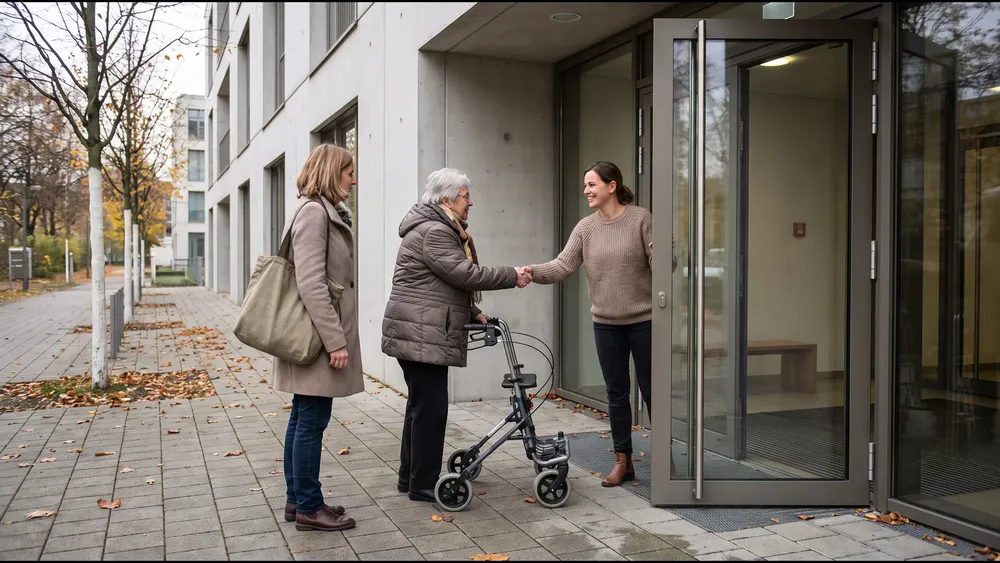 Ankunft im Pflegeheim am Tag: Mutter mit Rollator und Tochter werden an der Tür begrüßt